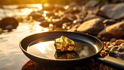 Golden nugget rests in a pan, reflecting the warm sunlight amidst river rocks.