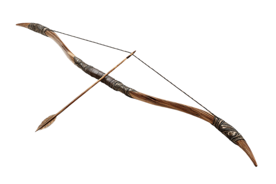 Wooden bow and arrow isolated on transparent background, an ancient hunting weapon