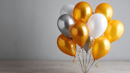 A vibrant display of white and gold balloons hanging in a bright indoor area, perfect for parties and special occasions