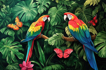 Fototapeta premium Vibrant tropical scene with two colorful macaw parrots perched on lush green leaves, surrounded by butterflies, for exotic nature themes, wildlife art, travel concepts, and decorative design projects