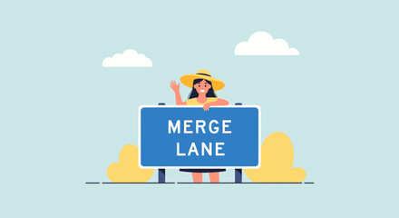 Fototapeta premium Woman waving from behind a merge lane sign with clouds background art illustration