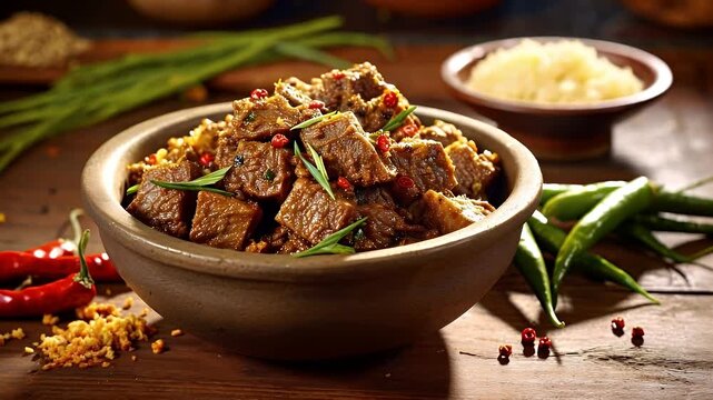 Traditional Indonesian beef rendang in ceramic bowl with spices, herbs, and green chili peppers on wooden background.