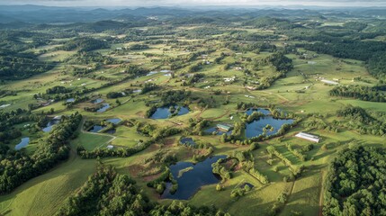 Landscape of mixed use farm rotational grazing areas ponds and tree lines