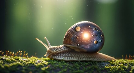 Conceptual art of a snail carrying the universe. A surreal fantasy image combining macro nature with the cosmic solar system, planets, and galaxy on its glowing shell. Creative AI generated artwork.