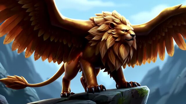 Majestic Golden Griffin Perched on Rocky Outcrop Against Blue Mountain Background