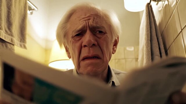 old man with white hair is reading newspaper while sitting on toilet in the toilet with serious expression. It's hard for him, he can't do it. concept of old people in toilet.