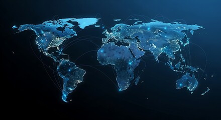 World map at night with city lights illuminating the continents and countries