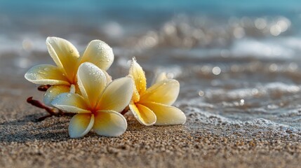 Plumeria flowers on the beach on the sand. selective focus. Generative AI,