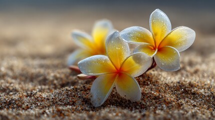 Plumeria flowers on the beach on the sand. selective focus. Generative AI,