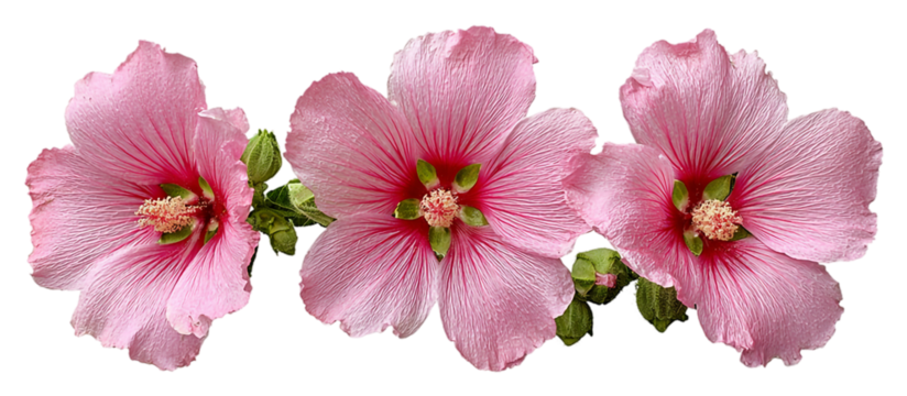 Three pink hollyhock flowers isolated on transparent background in a studio shot