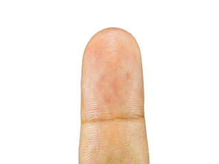 Close-up of a human finger, focusing on the unique fingerprint pattern. The image is a conceptual representation of security, identity, and personal data.