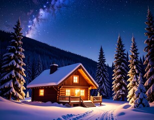 Fototapeta premium Snowy mountain cabin at night (1)