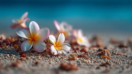 Plumeria flowers on the beach on the sand. selective focus. Generative AI,