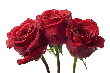 Three beautiful red roses with water drops isolated on transparent background