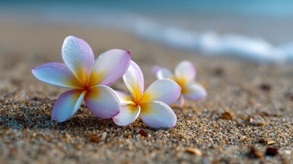 Plumeria flowers on the beach on the sand. selective focus. Generative AI,