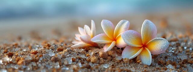 Plumeria flowers on the beach on the sand. selective focus. Generative AI,