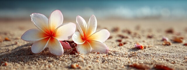 Plumeria flowers on the beach on the sand. selective focus. Generative AI,