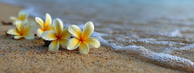 Plumeria flowers on the beach on the sand. selective focus. Generative AI,