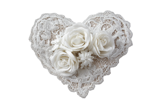 Lace heart with white roses isolated on transparent background for wedding design