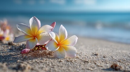 Plumeria flowers on the beach on the sand. selective focus. Generative AI,