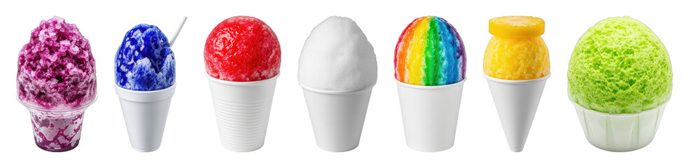 Shaved ice set including purple, blue, red, white, rainbow, yellow, and green flavors isolated. Refreshing summer dessert collection.