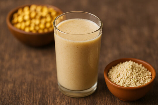 Selective focus of healthy drink Sattu or Sattoo. stock photo