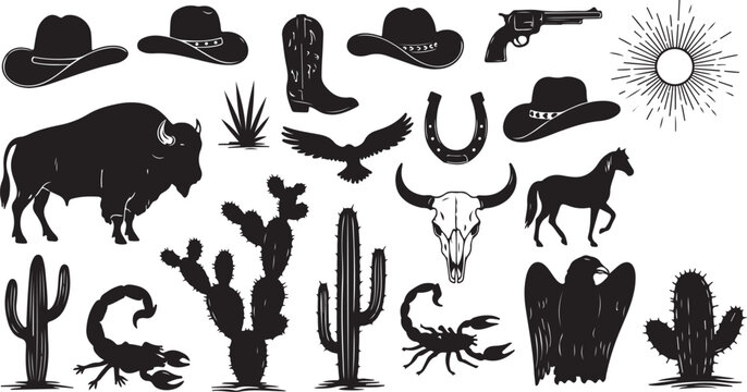 Collection of western and wild west icons in silhouette style