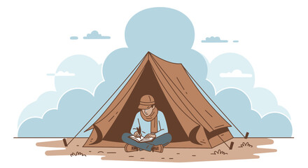Fototapeta premium Young Adult Writing Journal Sitting in Camping Tent Under Blue Sky Illustration