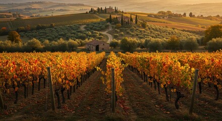 Naklejka premium Autumn vineyard with farmhouse in Tuscany hills