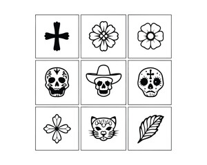 Dia de los Muertos icons including sugar skulls flowers and a cat on white background Keywords: Dia de los Muertos