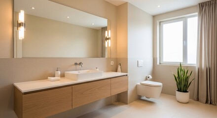 Fototapeta premium Elegant and modern bathroom interior design with natural light and wooden vanity