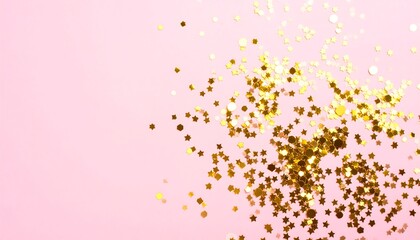 Gold glitter confetti scattered across a light pink background, creating a festive and celebratory visual.