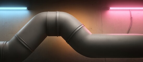 A curved industrial pipe illuminated by neon lights in a gritty urban setting