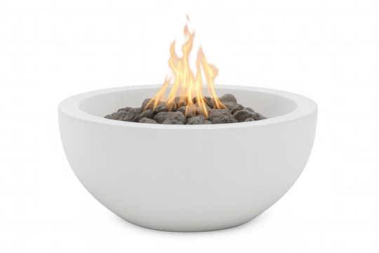 Modern white fire pit burning with a transparent background, perfect for adding warmth and ambiance to outdoor spaces