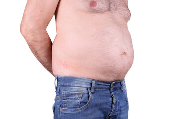 closeup of man with belly fat isolated