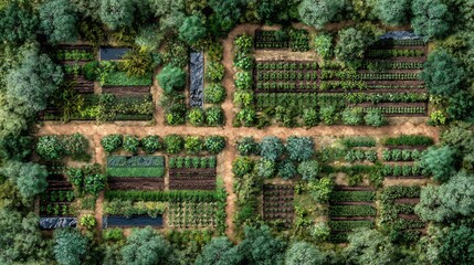 Polyculture farming layout intercropping rows and natural barriers