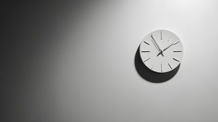 A minimalist, white wall clock casts a subtle shadow against a neutral backdrop.