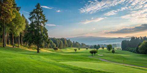 Serene Sunset Golf Course Landscape Wide Shot Composition, Lush Green Fairways, Mountain Panorama, Peaceful Sky, Golfing, Nature Golf course, landscape photography
