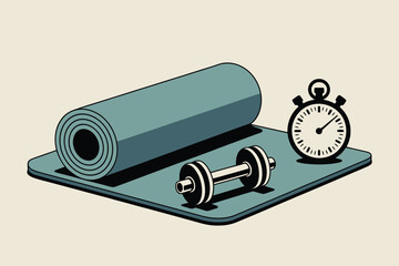 A rolled yoga mat with a dumbbell and a stopwatch on a light background in a cartoon style image