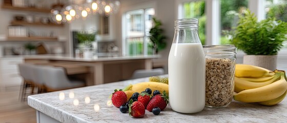 A fresh breakfast is arranged with a glass of milk, granola in a bowl, and strawberries, creating a wholesome morning vibe