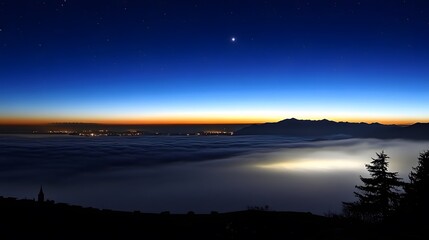 Naklejka premium Stunning Night Sky over Mountain and Sea of Clouds