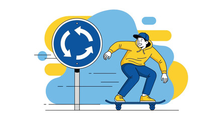 Young Man Enjoying Skateboarding Near A Roundabout Sign In A Colorful Composition