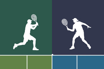 Fototapeta premium Two tennis players silhouettes in action on a split green and blue background with a white tennis ball