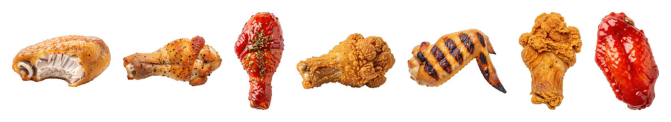 Chicken pieces set including roasted, fried, grilled, and sauced variations isolated. Fast food and snack collection.