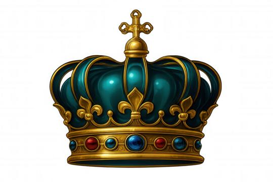 Gold royal crown featuring green velvet, jewels, fleur-de-lis, symbolizing monarchical grandeur against transparent backdrop