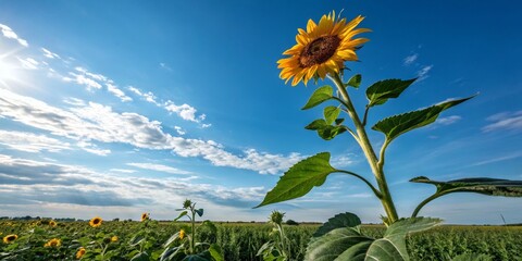 Single Sunflower Under Blue Sky Low Angle Composition, Vibrant Yellow Bloom, Summer Landscape, Sunflowers, Nature Photography Sunflowers, Landscape Photography