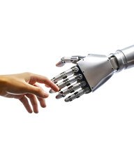 Human hand and robot arm reaching together isolated on a transparent background connection