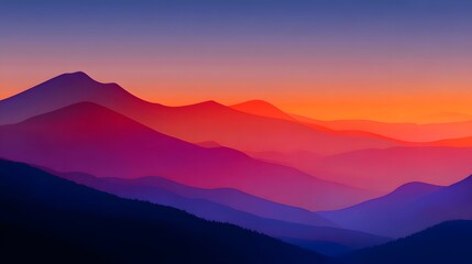 Obraz premium Layered mountain ranges bathed in vibrant sunset hues, displaying a tranquil and colorful landscape.