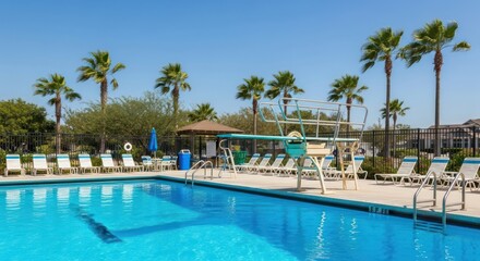 Swimming pool with diving board, loungers and palms on sunny day