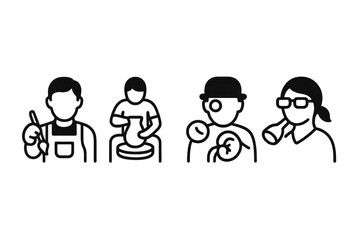 A Collection of Artistic Craftsmen Engaged in Various Creative Activities: Pottery, Sculpture, and Performance Arts Represented isolated on white or transparent png